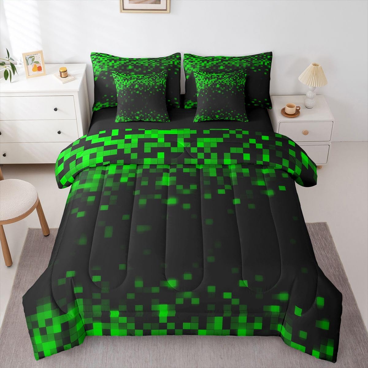 Miner Grid Queen Size Bedding Sets 7 Pcs Black Green Pixel Style Plaid Comforter Set Abstract Geometric Patchwork Decor Game All Season Comforter,Flat Sheet,Fitted Sheet,2 Pillowcases,2 Pillow Covers