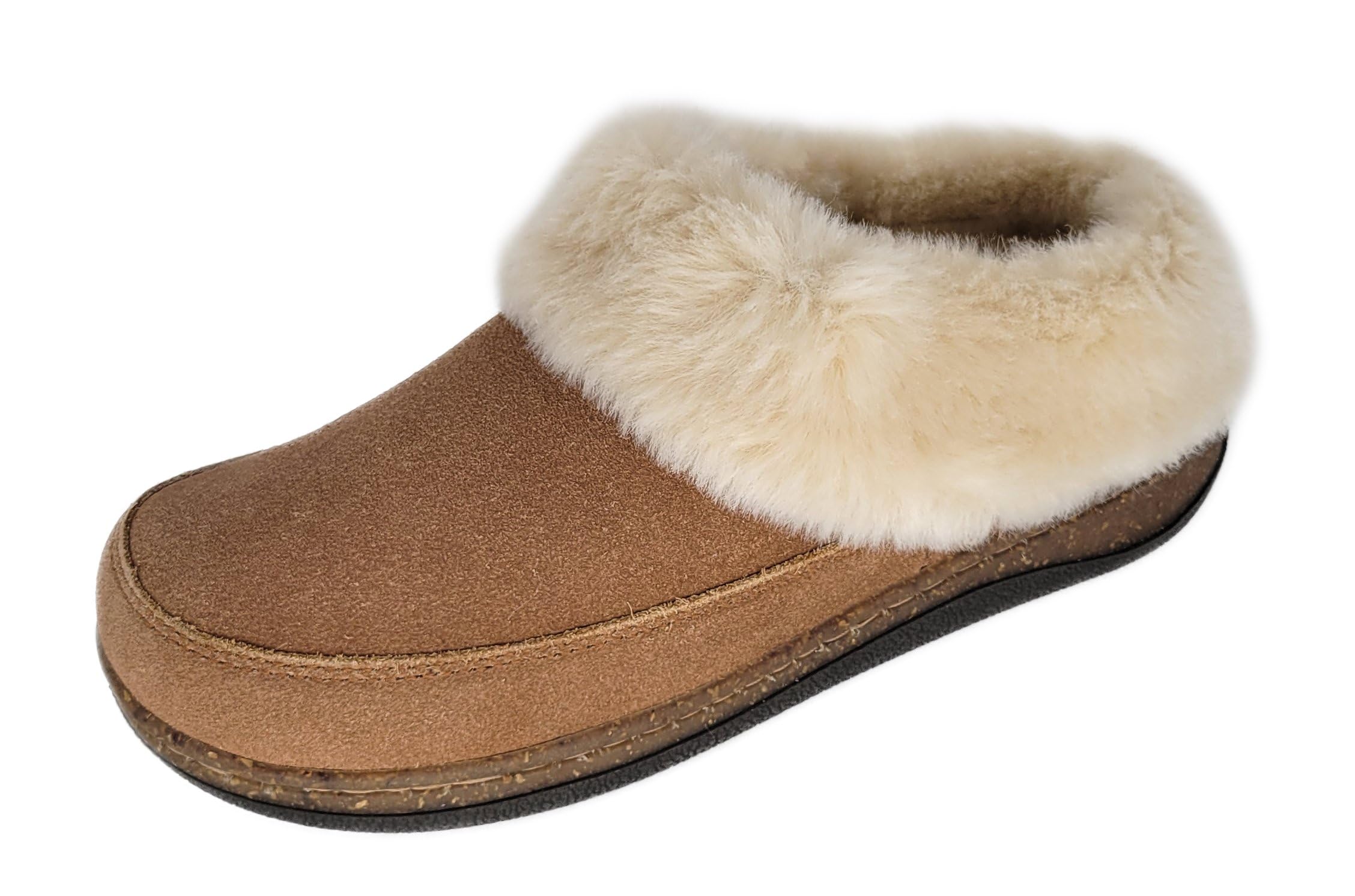 Clarks Womens Slipper Suede Leather Scuff Toe - Plush Faux Fur Collar Lined With A Cork Midsole -