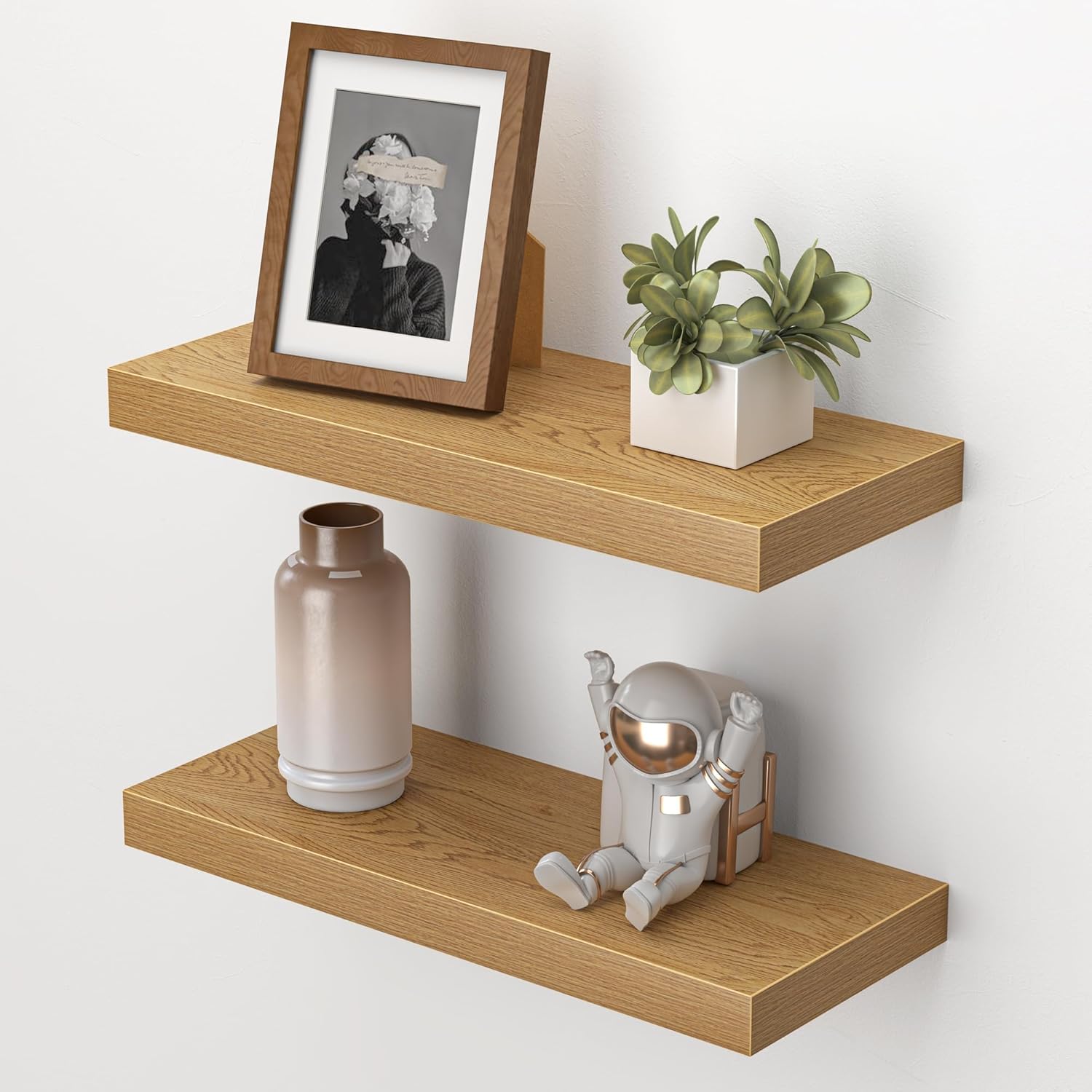 Heimlove Floating Shelves for Wall,16 inchs Shelf for Small Bathroom,Mounted Storage & Display Wood Shelves for Bedroom,Living Room,Kitchen,Office,Set of 2,Oak Color