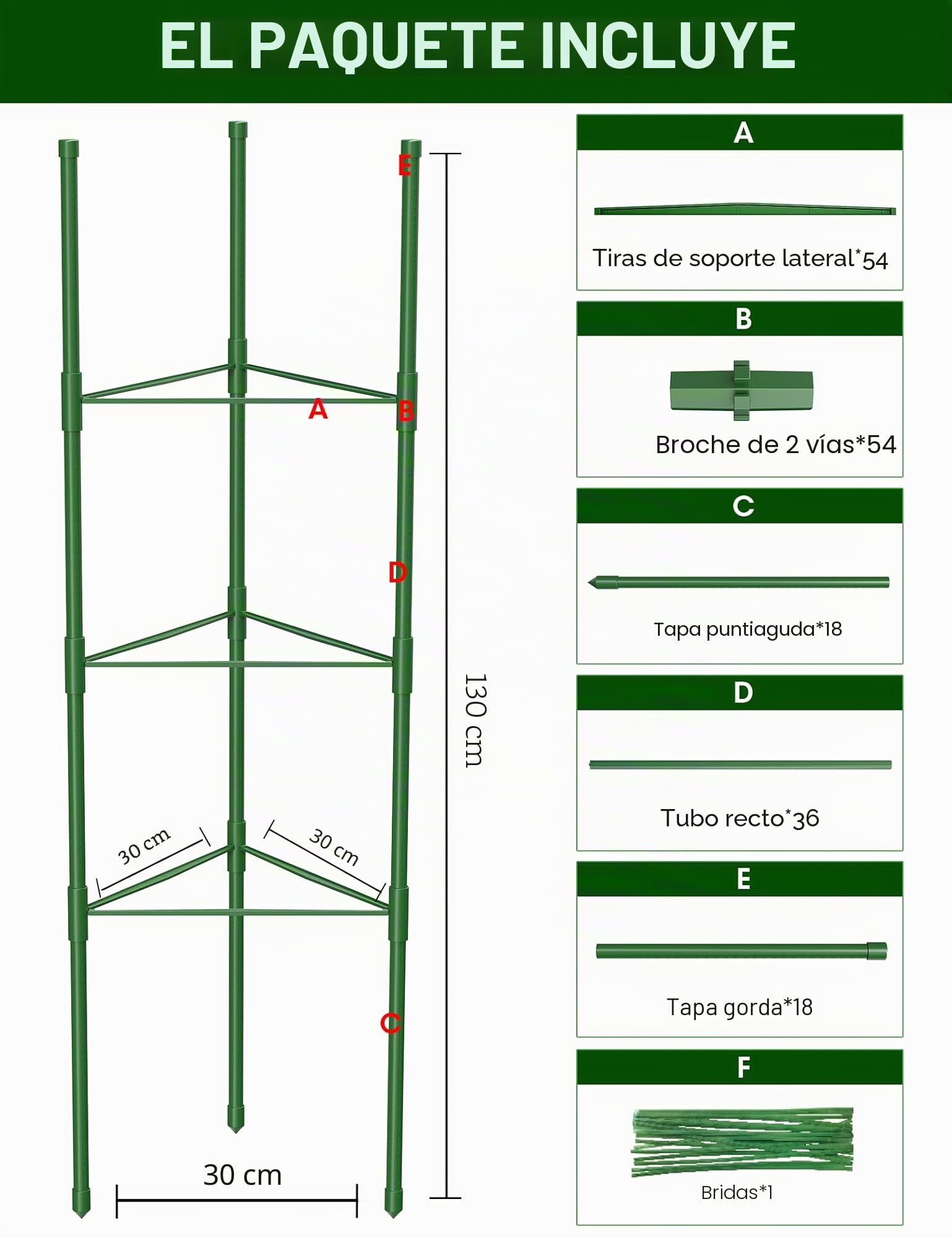 Jaulas de Tomate de Jardín, 130 cm Enrejado para Tomates Soporte Plantas Trepadoras Interior Exterior para Parterres Elevados, Verduras, Flores y Plantas Trepadoras 6 Piezas