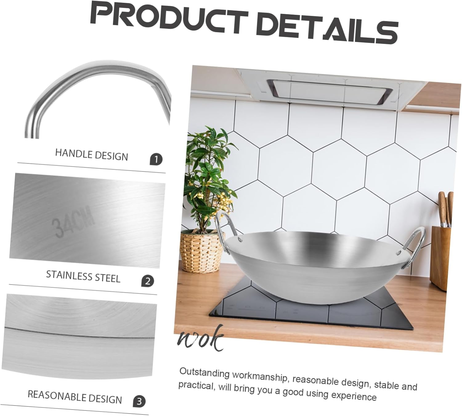 Cabilock Stir Fry Pan Stainless Steel Wok Big Size Frying Pan Chinese Wok Handles Induction Stove Gas Electric Stove