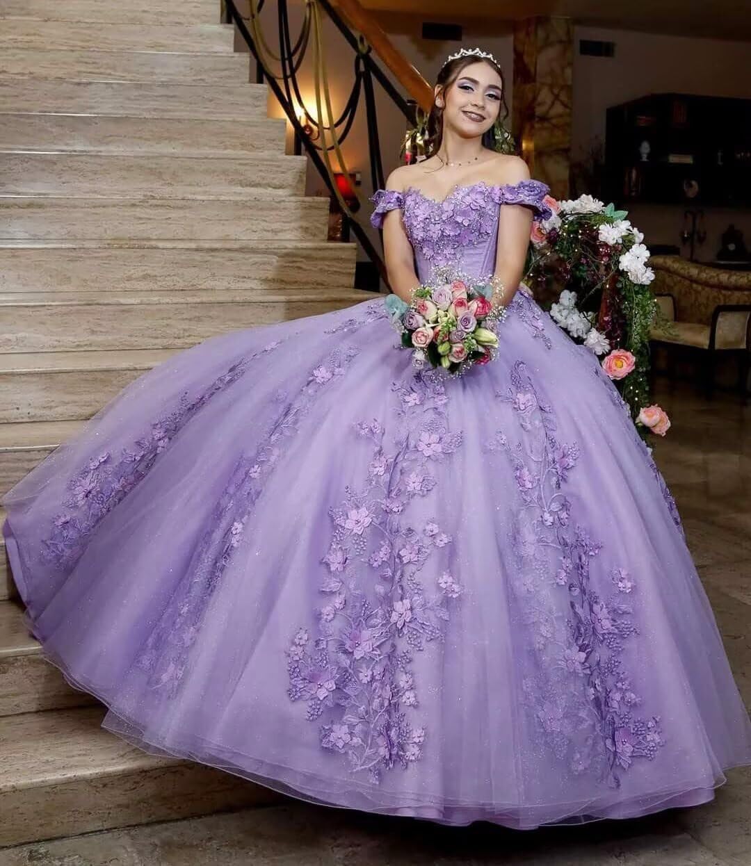 Women's Off Shoulder Quinceanera Dresses 3D Flower Lace Beaded Ball Gown Puffy Tulle Prom Dress for Sweet 15 16