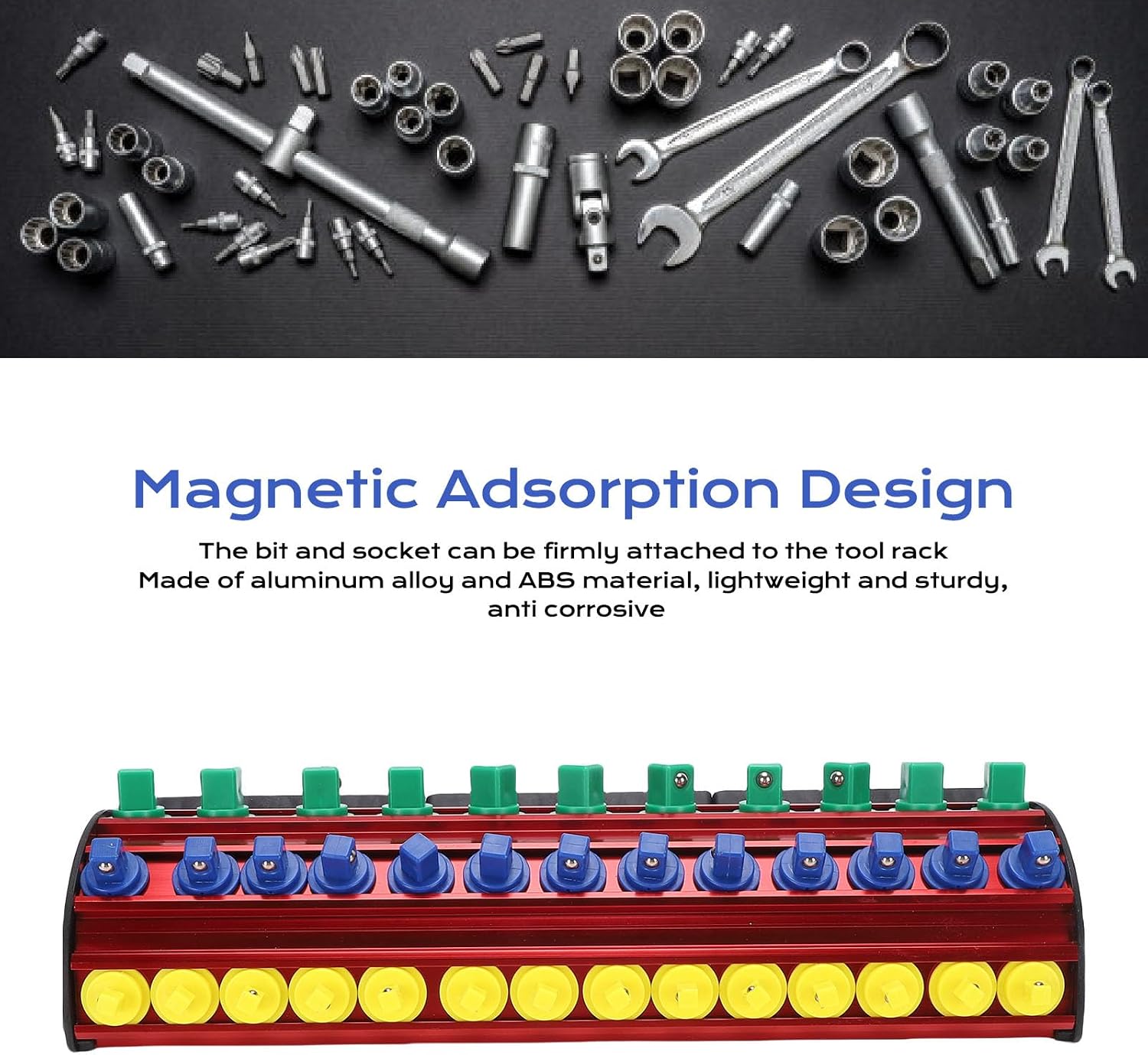Luocute Magnetic Socket Organizer Set, Tool Box Storage Tray for Wrench Screwdrivers Mechanic Tools Portable Toolbox Accessory, Aluminum Alloy Multi Socket Bit Storage Holder