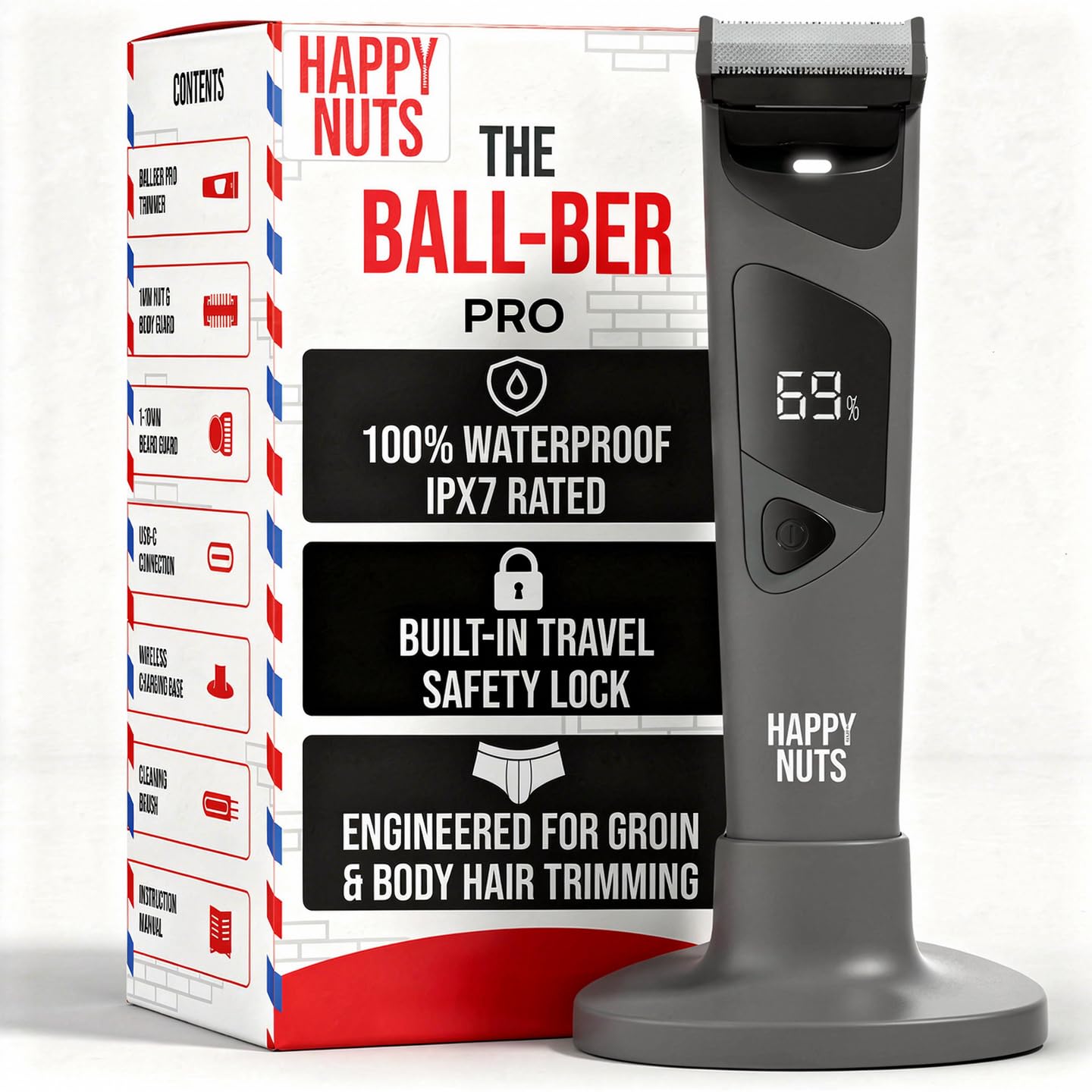 HAPPY NUTS The Ballber Pro Electric Groin & Body Hair Trimmer for Men - Mens Body Groomer Kit for Privates - Waterproof Shaver for Hard to Reach Areas