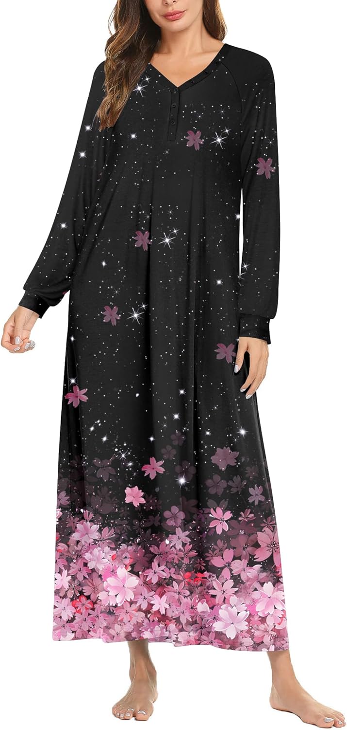 Ekouaer Nightgown Long Sleeve for Women Sleepwear V Neck Loungewear Button Full Length Nightshirt