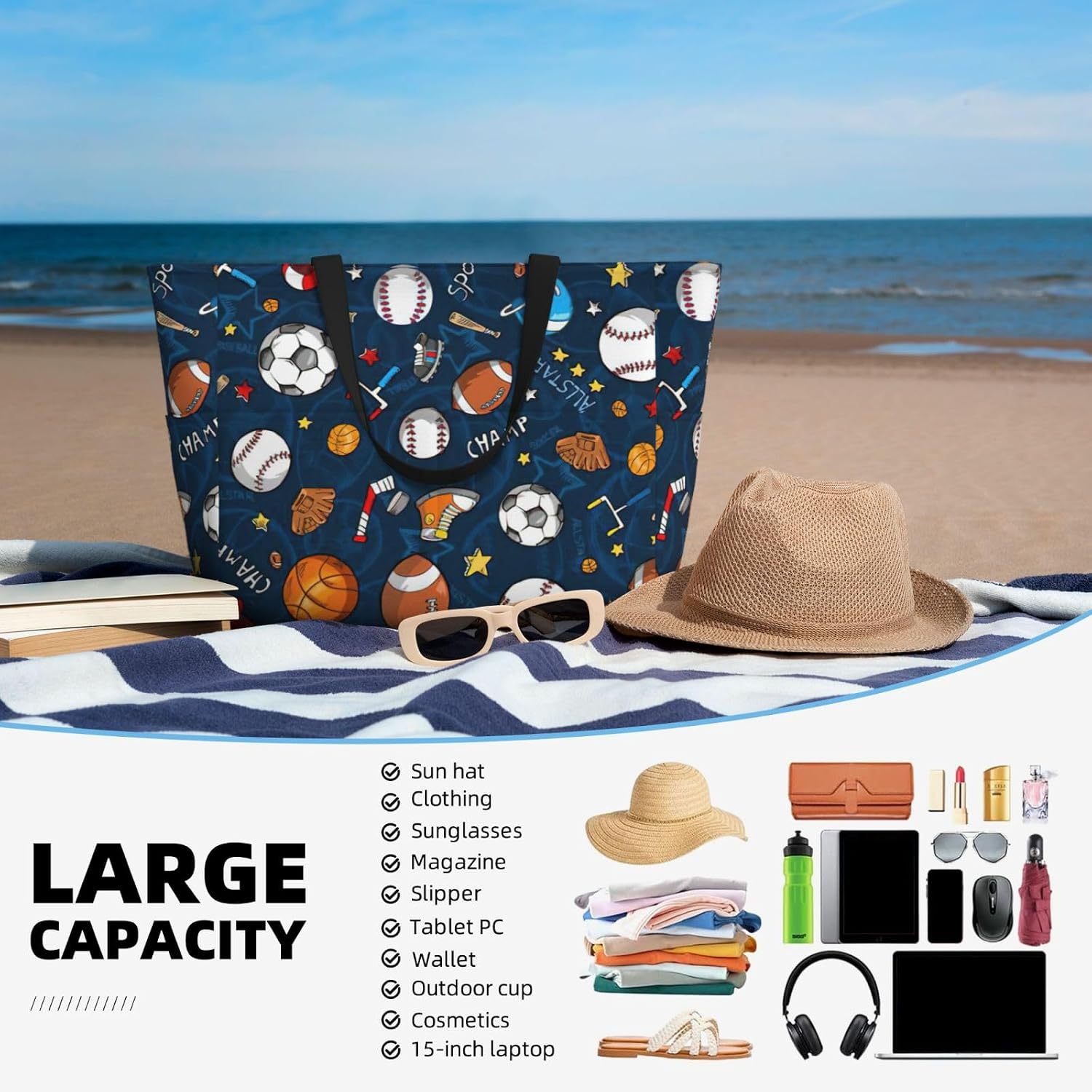 Baseball Basketball Football Hockey Print Large Capacity Beach Travel Bags with Zipper and Pockets for Travel Vacation Fitness