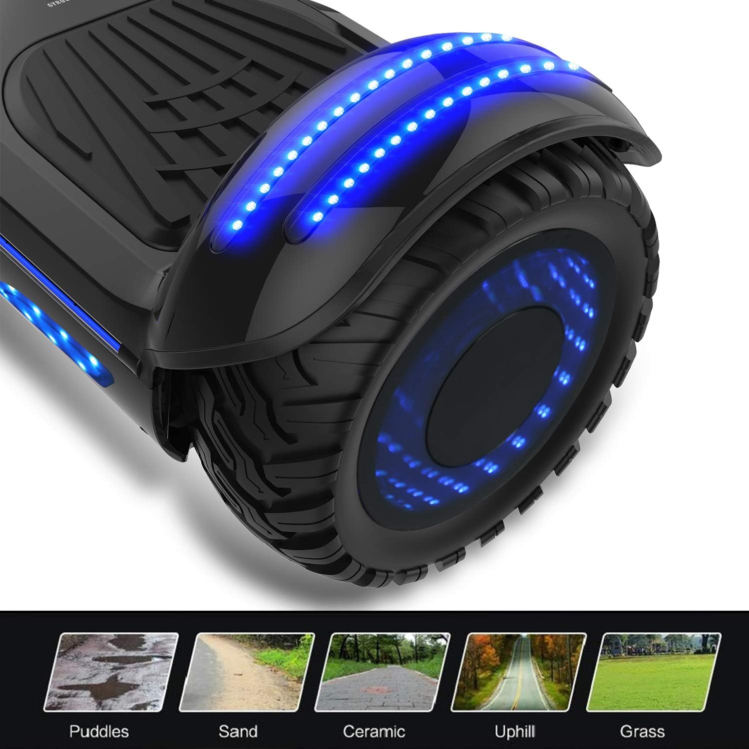 Close-up of Gyrocopters 8FINITI Hoverboard wheel with LED lights and examples of various terrains