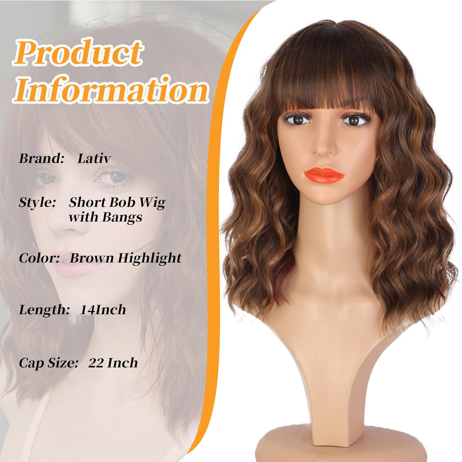 Lativ Brown Wigs with Bangs Bob Curly Wavy Highlight Hair with Dark Roots Short Wig for Women Natural Synthetic Fiber Shoulder Length for Cosplay Daily Use - Image 2