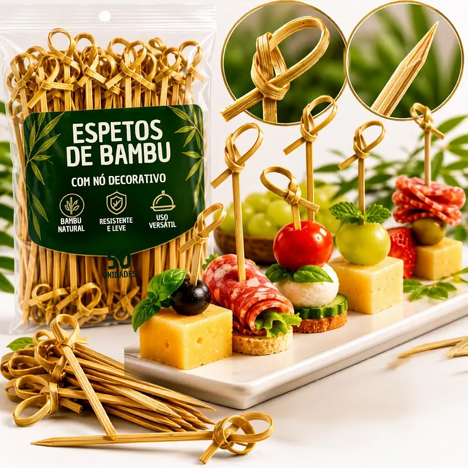 Espeto Bambu Nó 9cm Kit 300 Unidades Aperitivo Petiscos Decorativo Sustentável Festa Finger Food - Brucaro Prime