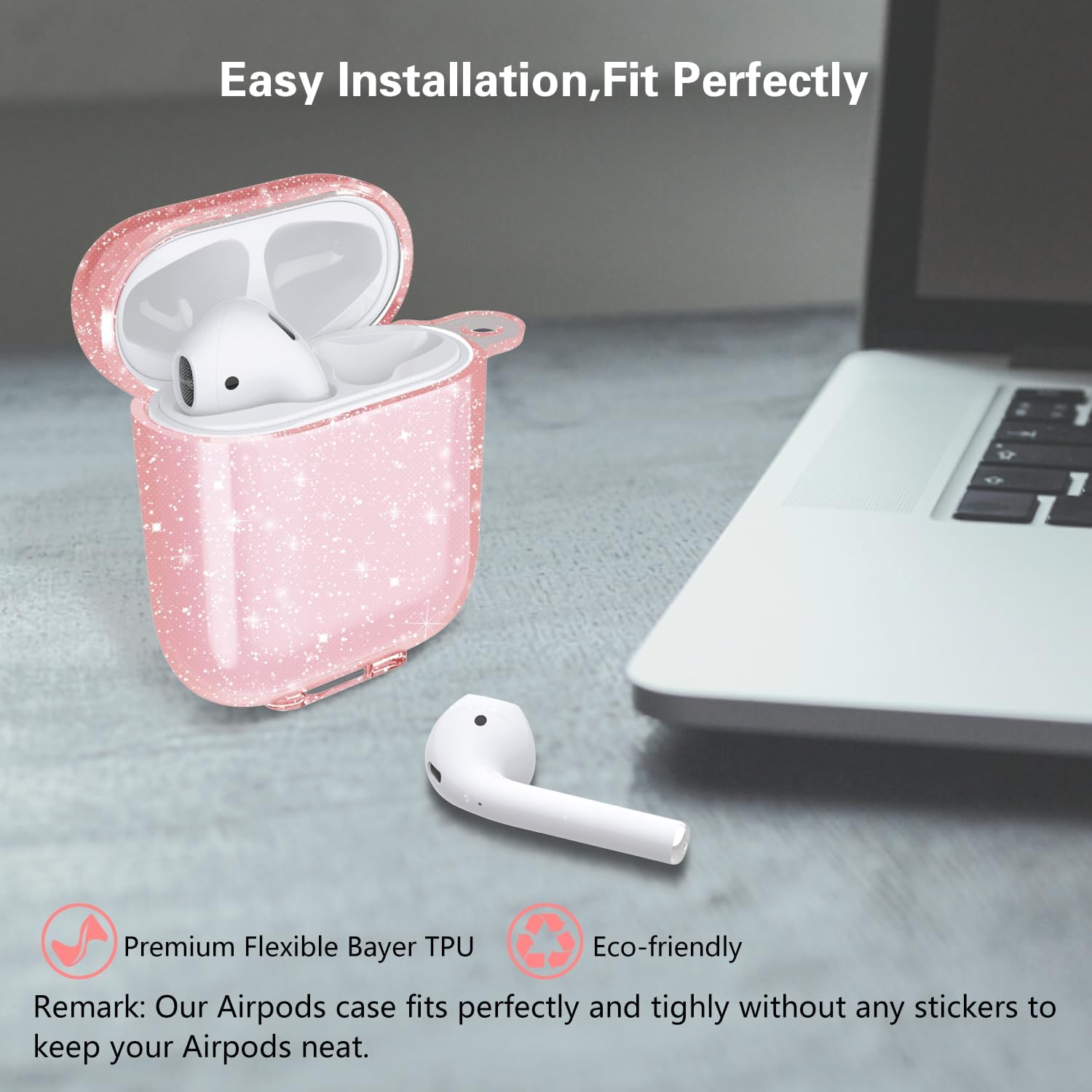 Aircawin for Airpods Case Clear Pink Glitter,Sparkle Bling Clear Case for Airpod case,Full Protective Shockproof Soft TPU Accessories with Keychain for AirPods 2&1 for Women Girls-Pink Glitter image 2