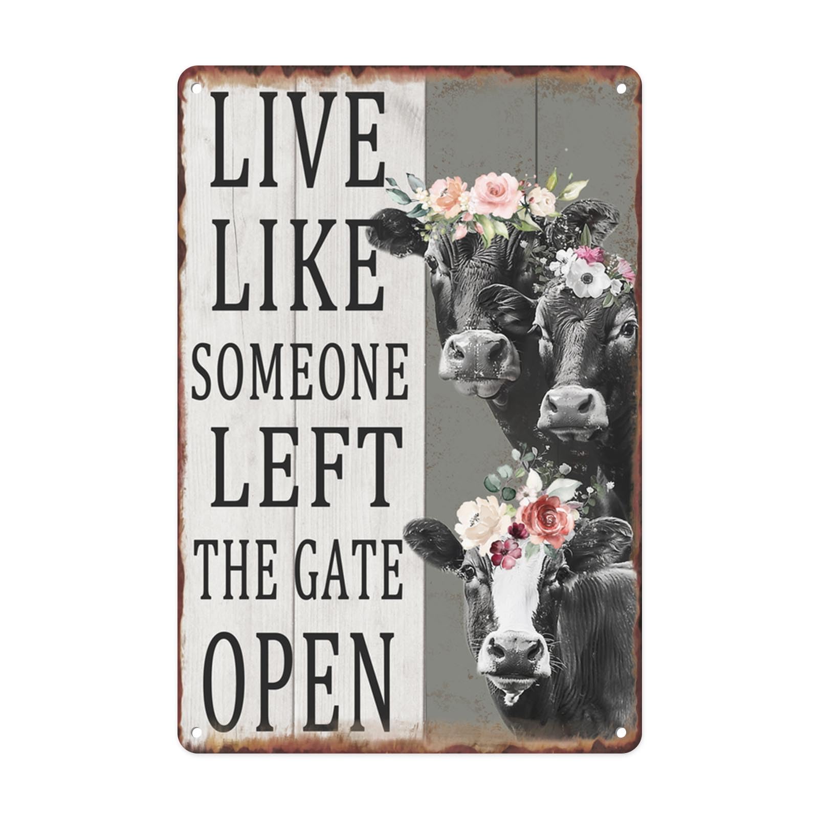 Cow Left Gate Open Tin Sign, 12x8 Inch Wall Decor