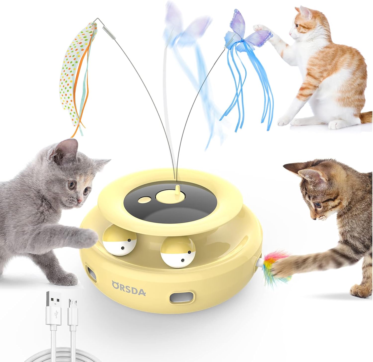ORSDA 3-in-1 Interactive Cat Toys for Indoor Cats 2000mAh High-Capacity USB Rechargeable Power Cat Toys Balls,Butterfly Cat Toy,Cat…
