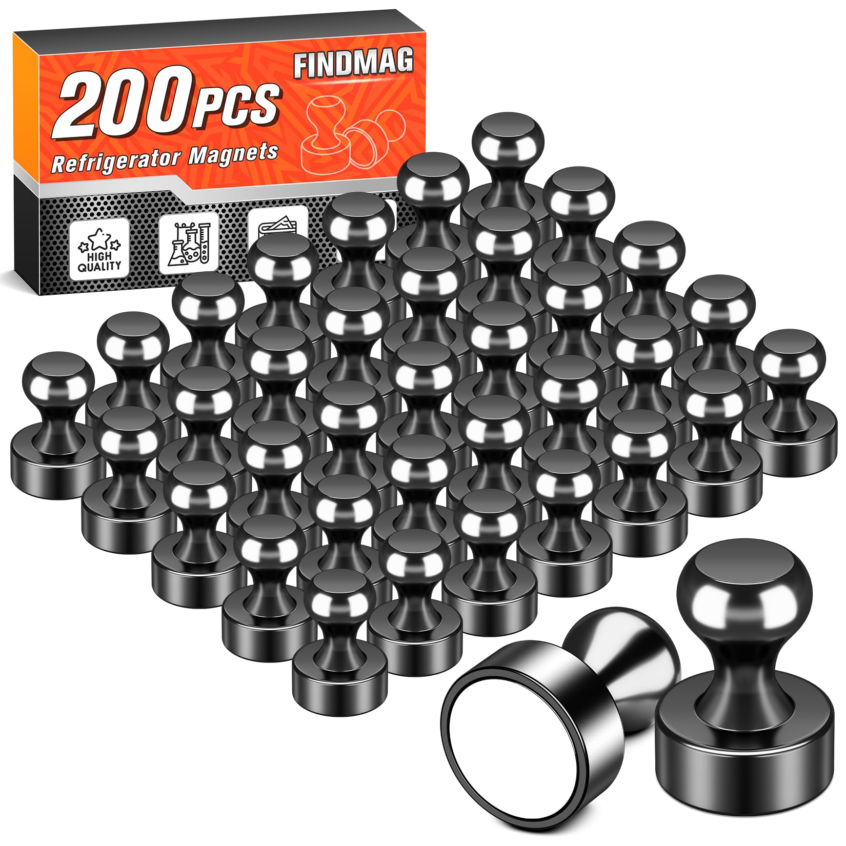FINDMAG 200 Schwarze Kühlschrankmagnete, Starke Magnete für Whiteboard, Kühlschrank, Karte, Küchenzubehör, magnetische Pinnnadeln
