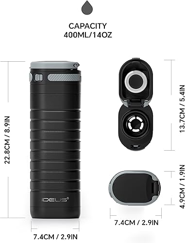 Miniatura 7 de IDEUS Botella de agua aislada de acero inoxidable de 14 onzas con tapa con cerradura y taza de café de viaje a prueba de fugas para bebidas