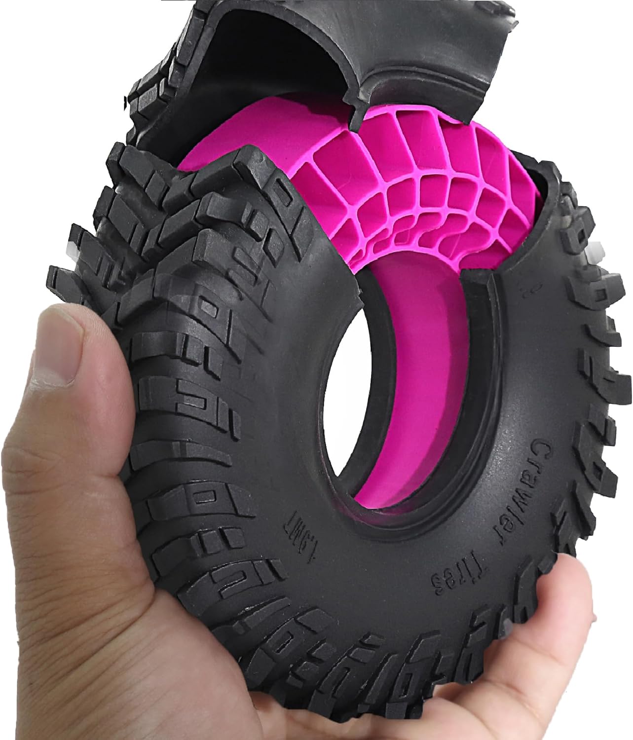 1.9 inch 120mm RC Crawler Tires 4 Pcs Built-in Low Center of Gravity Silicone Pads High Grip Mud Tires For 1/10 RC Crawler car TRX4 Axial SCX10 RC4WD D90 TF2 Redcat Gen8 Tamiya CC01 Axial%t029(pink)