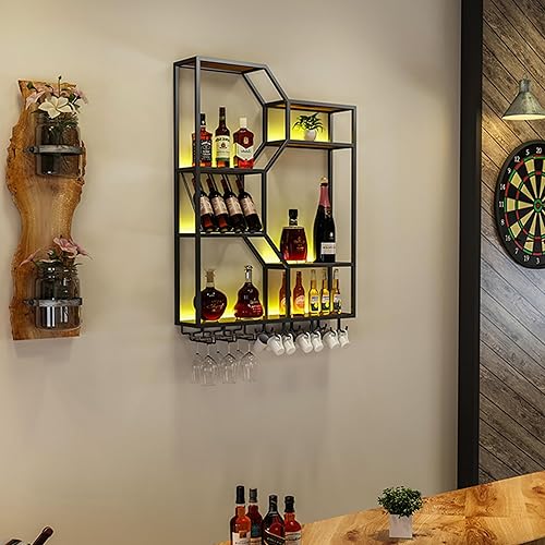 Miniatura 2 de Estantes para vinos, estantes de bar montados en la pared con estante colgante para copas de vino y luz LED, estante de exhibición de botellas de
