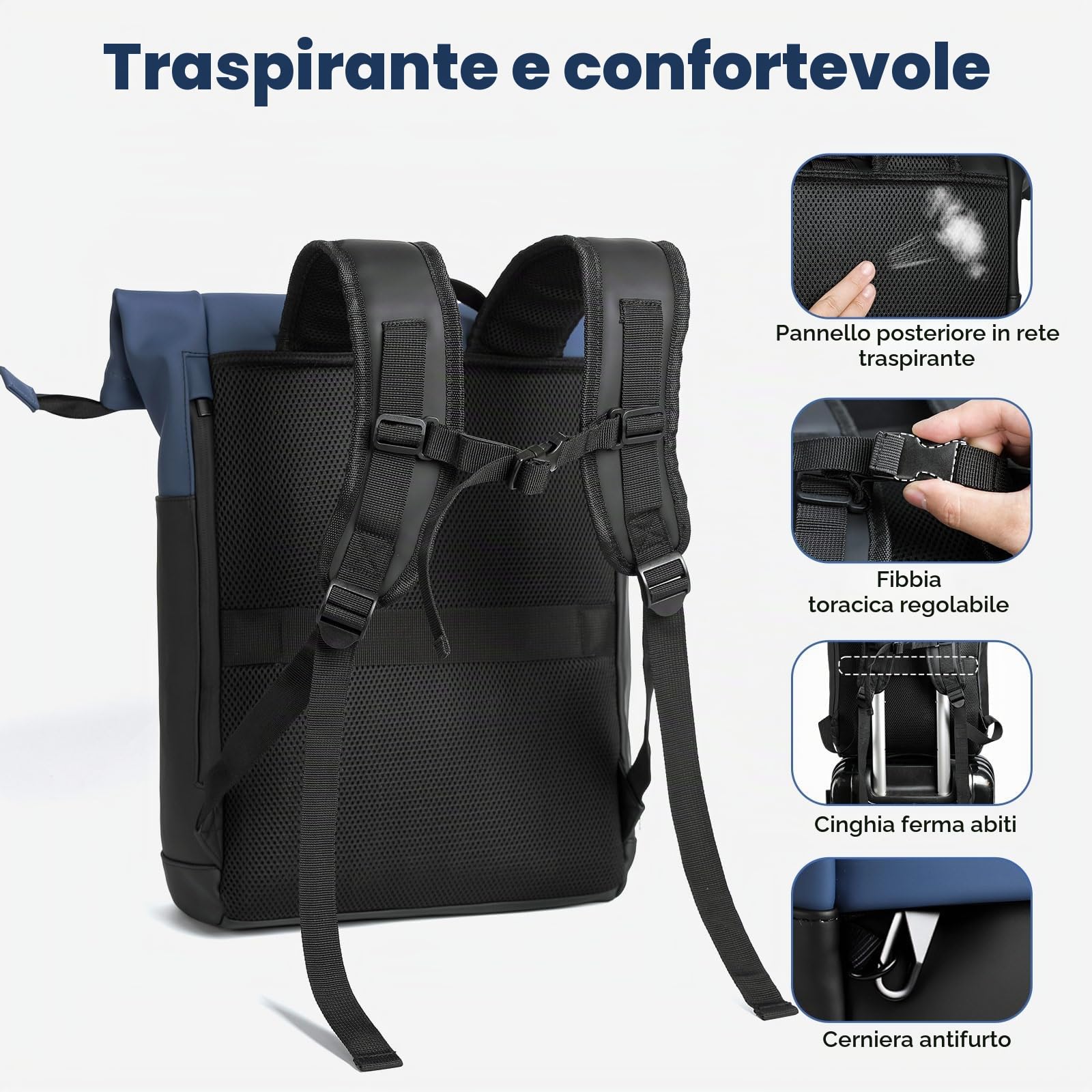 Zaino Impermeabile, Zaino Porta Pc Unisex con Cerniera Antifurto, Backpack Rolltop Capacità Espandibile 18-25 Litri, Rains Zaini per viaggio, Scuola, Business Ufficio