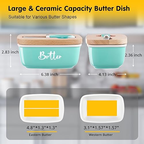 Miniatura 2 de ALELION Mantequillera turquesa con tapa y cuchillo para encimera, recipiente de mantequilla de cerámica con tapa de madera de haya, hermético para