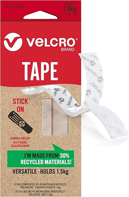 VELCRO Brand | Eco Stick On Tape | Cut-to-Length Strong Hook & Loop Self Adhesive Sticky Tape Perfect for Room Décor & Home, Office, Garage Use | White | 22mm x 90mm