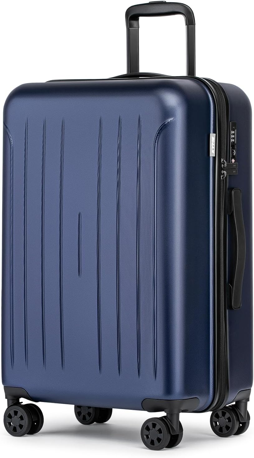 KYME 24 Inch Luggage, Medium Checked Suitcase with Double Spinner Wheels, Check in Bag, PC+ABS Rolling Hard Case With TSA Lock, Navy 24" Checked Navy Blue