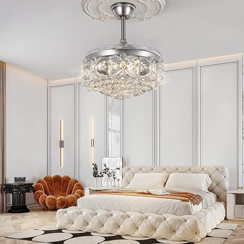 Miniatura 2 de FINE MAKER Ventilador de techo moderno de cristal de 42 pulgadas con control remoto luz LED de 3 colores iluminación de candelabro de 3 velocidades