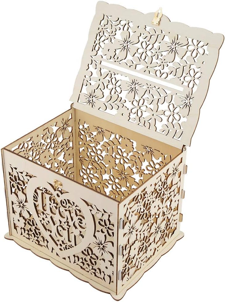 Gold Wedding Card Box,Hollow Out Wedding Money Box With Keys And Lock, DIY Gift Card Box Easy To Install Versatile Wooden Box For Wedding Reception Birthday Party or Graduation Anniversary
