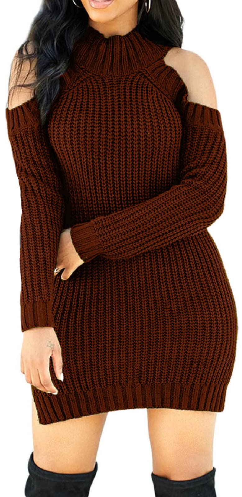 SxClub Women's Winter Sweater Dresses Sexy Cold Shoulder Pullover Dress