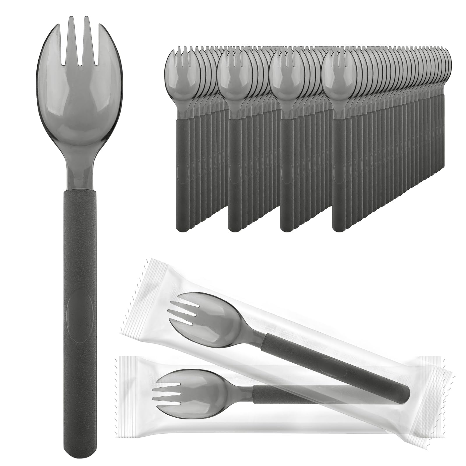 Durable Plastic Sporks, 100 Count 6.8x1.3 Inch Disposable Forks and Spoons Set, Individually Wrapped Silverware Utensils for Party, Picnic, Wedding, Birthday, Holiday Gathering Bulk Pack