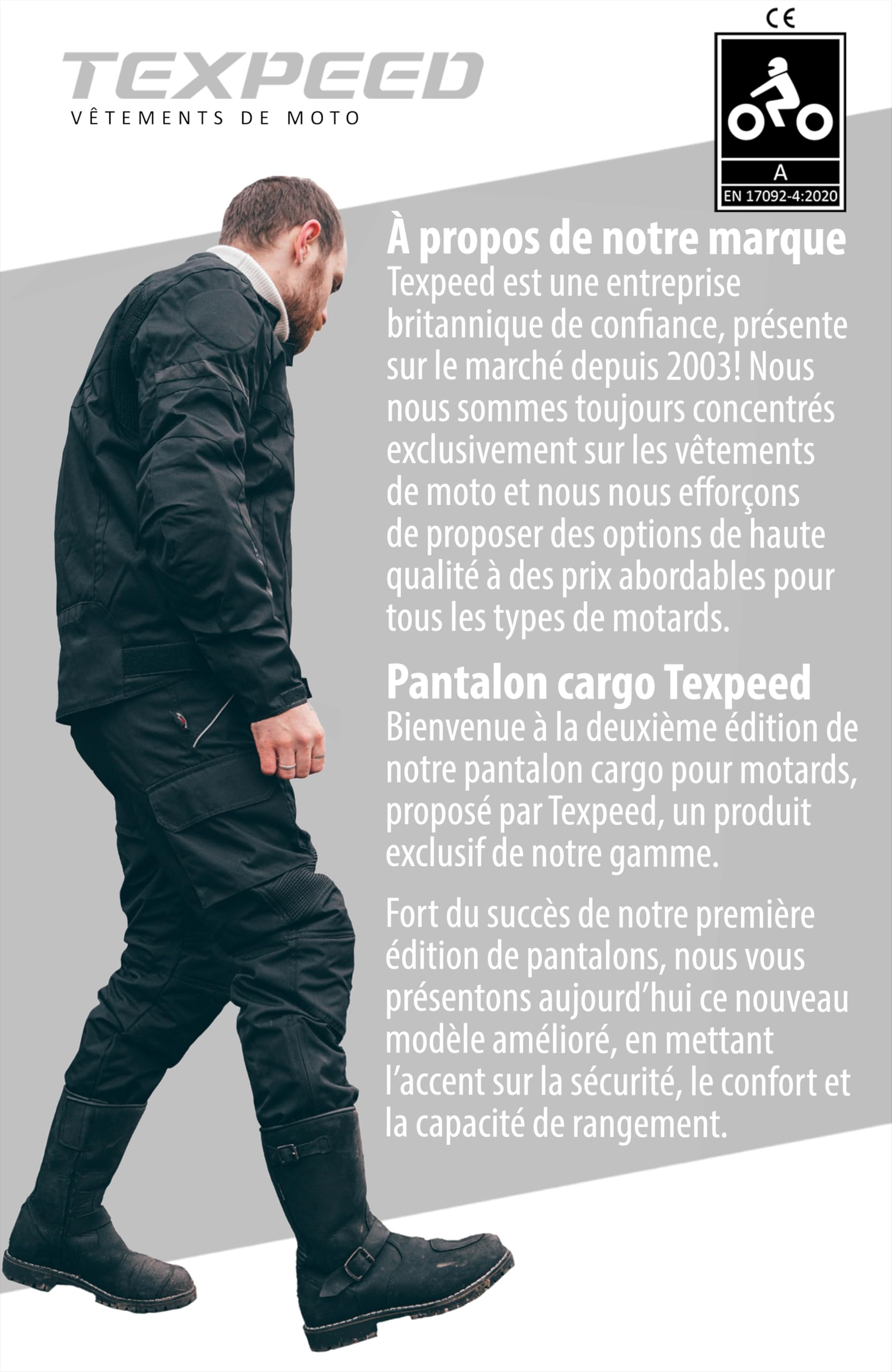 Texpeed Pantalon moto homme - Motard cargo pantalon en jean en aramide 280 g/m² avec armure de protection (EN 1621-1) - Coupe droite Noir - Toutes les tailles