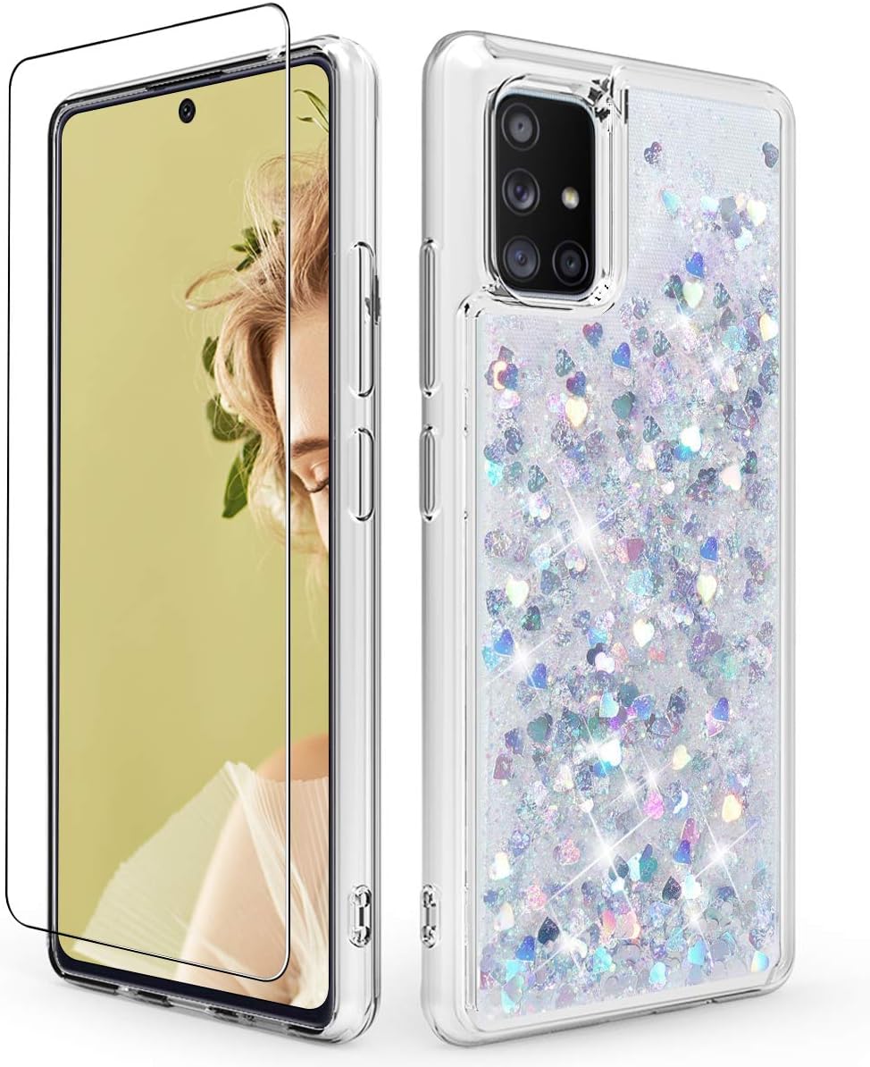 Dzxouui for Samsung A71 5G Case and Glass Screen Protector(Not A71 5G UW Verizon) Moving Quicksand Glitter Cute Clear Cover TPU Girls Women Phone Cases for Samsung Galaxy A71 5G(Silver)