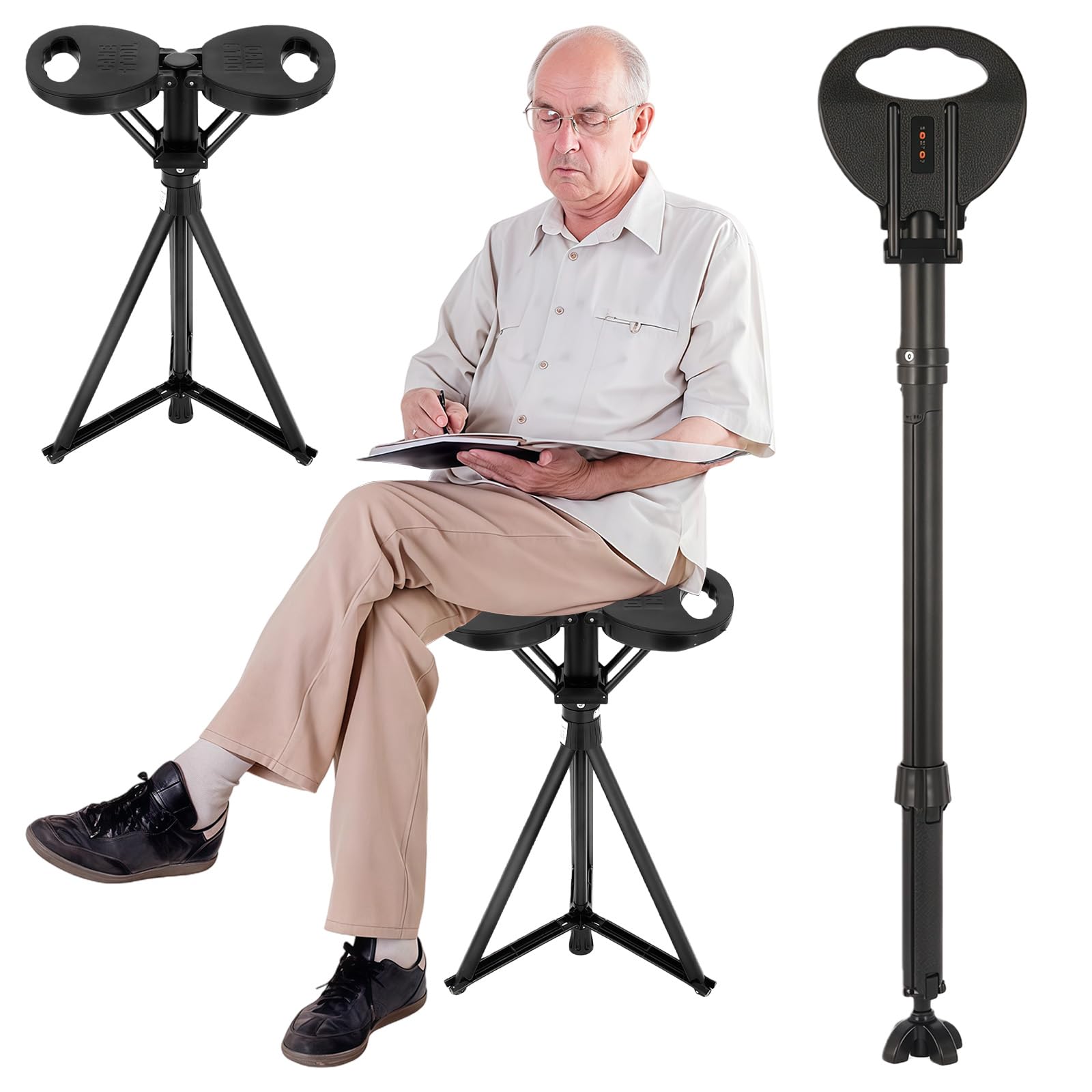 Bastón de paseo con asiento, bastón para personas mayores y adultos, bastón plegable portátil con bolsa de transporte, bastón de senderismo ajustable en altura con capacidad de asiento de 250 kg