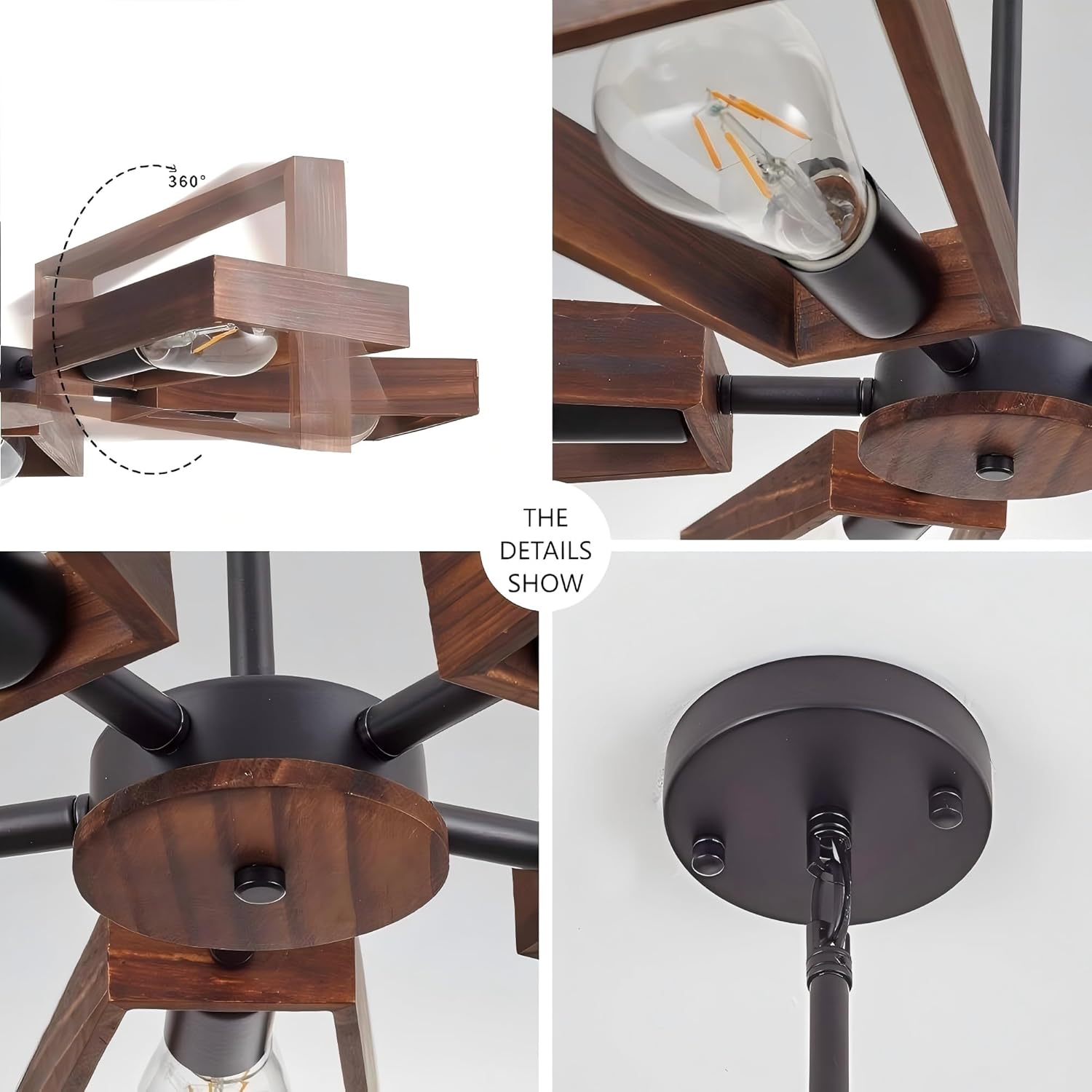 Modern Farmhouse Sputnik Chandelier, 5-Lights Metal + Wood Pendant Light Fixture, Black Coastal Light fixtures Ceiling Mount for Kitchen Island, Dining Room, Living Room,Nursery,School Locker