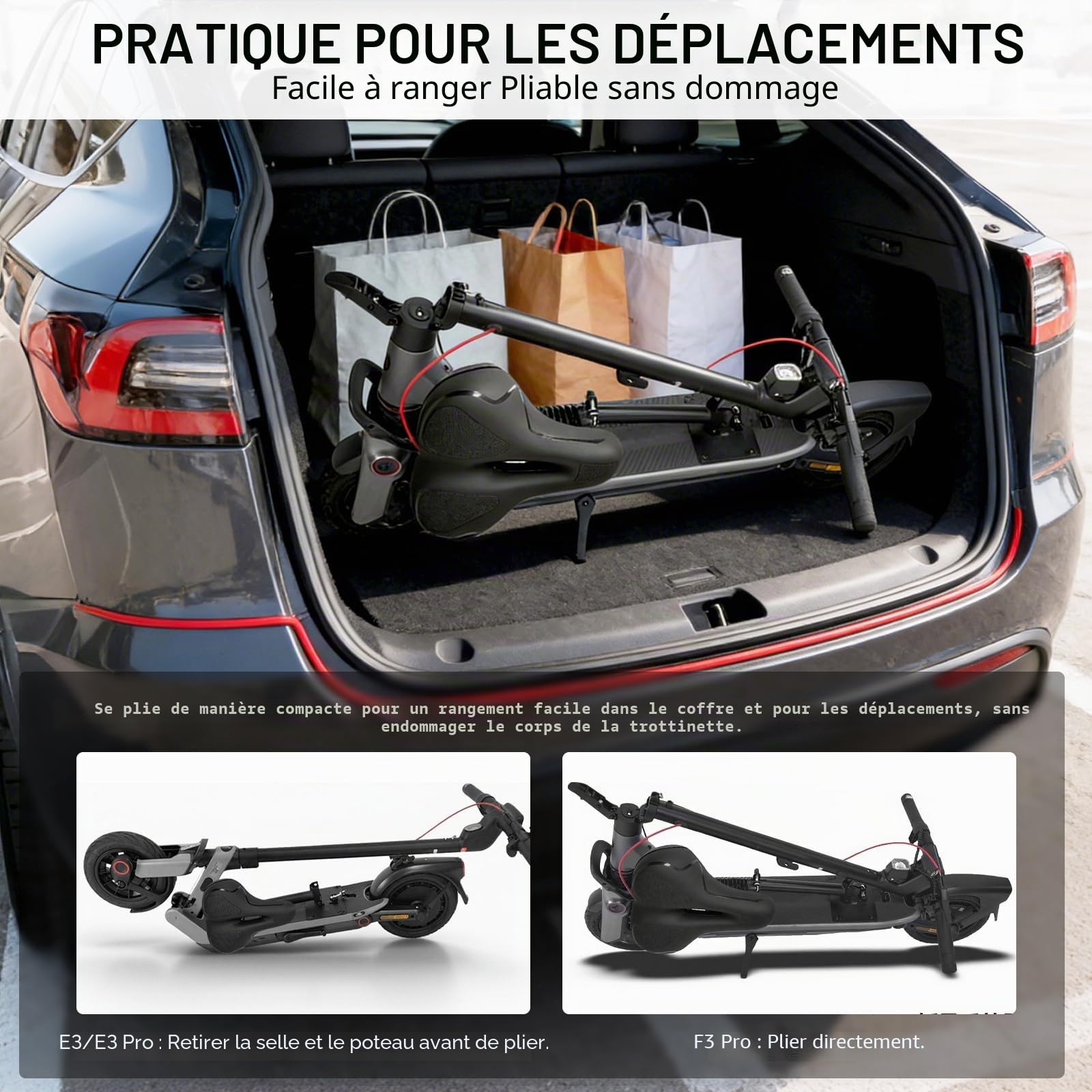 Siège Pliable réglable en Hauteur pour Trottinette électrique, Compatible Segway Ninebot F3 E3 E3Pro, Hauteur d’Assise 45–65 cm, siège amortissant avec Sangle de Transport et Bandes réfléchissantes