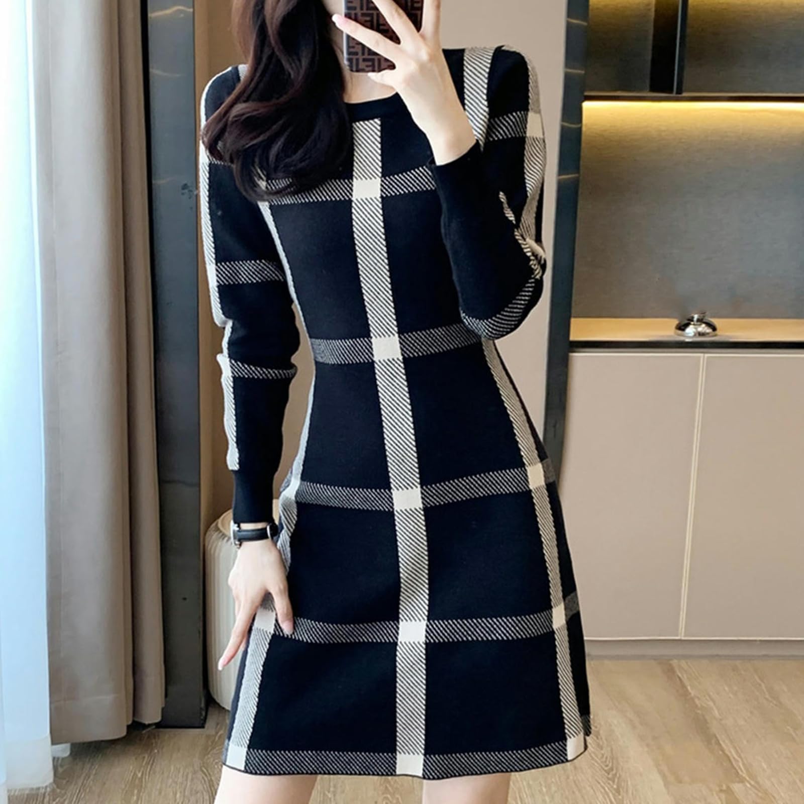 Vestito Donna Autunno Abito in Maglia Scozzese da Donna Autunnale A Maniche Lunghe A Vita Alta con Gonna A Trapezio con Scollo Tondo-Nero-m