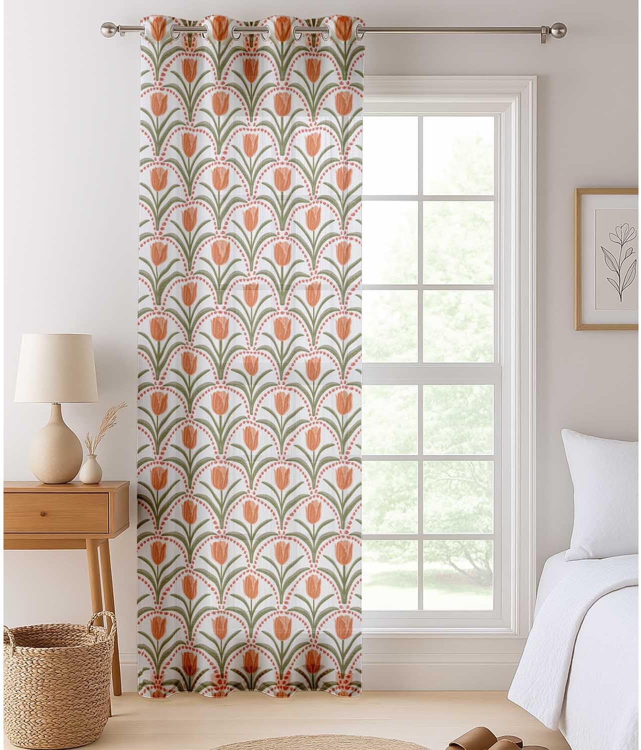 Tulip Flower Print Sheer Curtains for Short Windows - Set of 2 Panels, 63", Grommet Top, Printed Georgette, Light Filtering Drapes for Kitchen or Bedroom