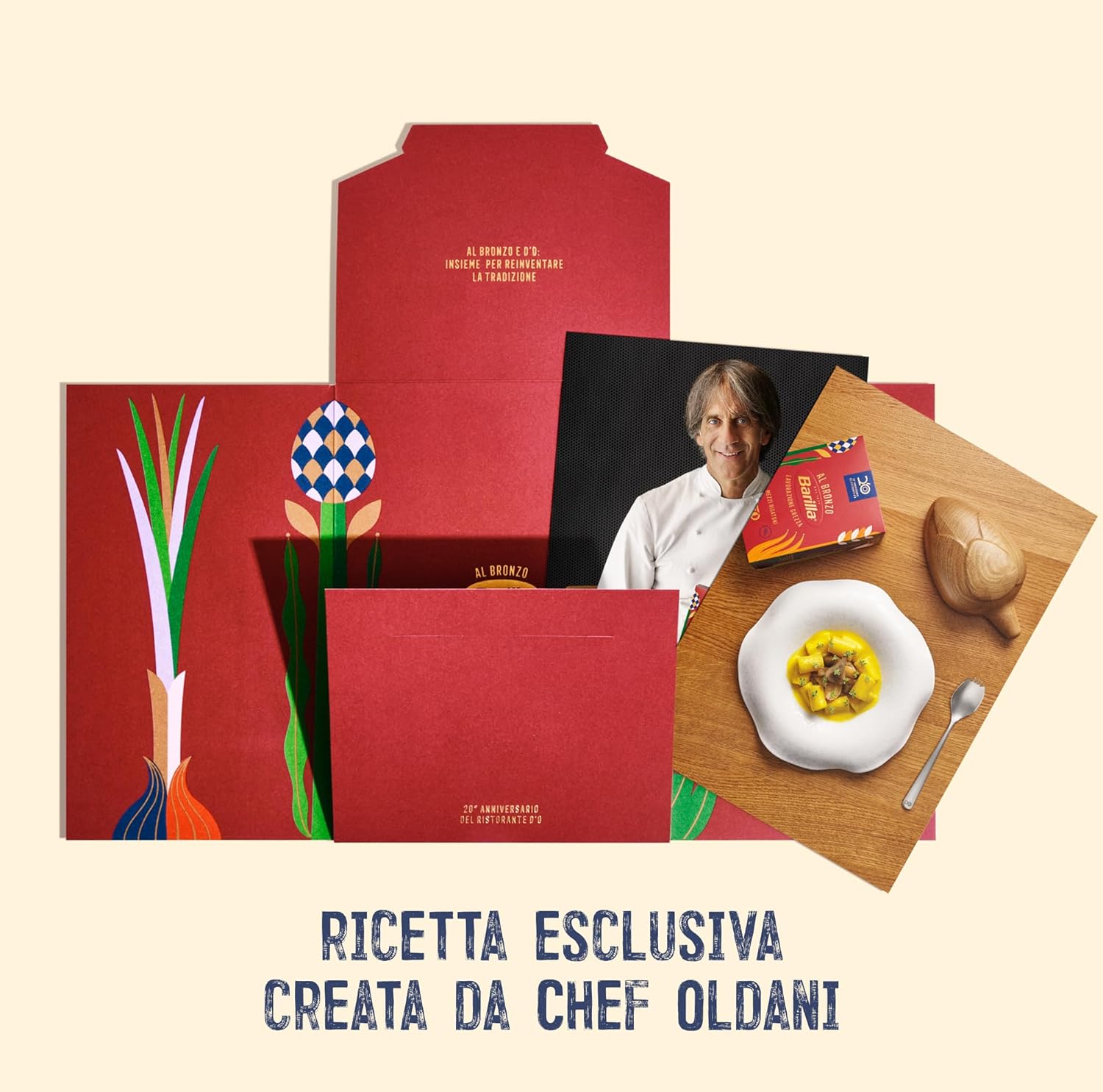 Barilla Al Bronzo Gift Box, Idea Regalo con 1 Pack di Pasta Barilla Mezzi Rigatoni al Bronzo e 2 Set di Posate, Edizione Limitata Dedicata al 20° Anniversario del Ristorante D'O di Chef Davide Oldani - Immagine 4