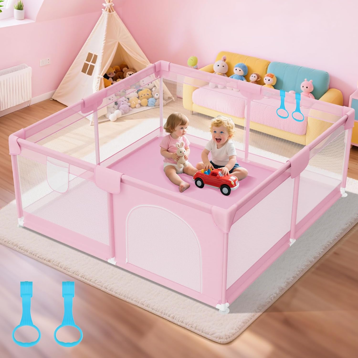 64" X 64" Sturdy Baby Playpen - Large Baby Playpen Playard for Babies and Toddlers with Anti-Slip Suckers - Safety Play Yard with Anti-Collision Cloths Cover Corner,Pink