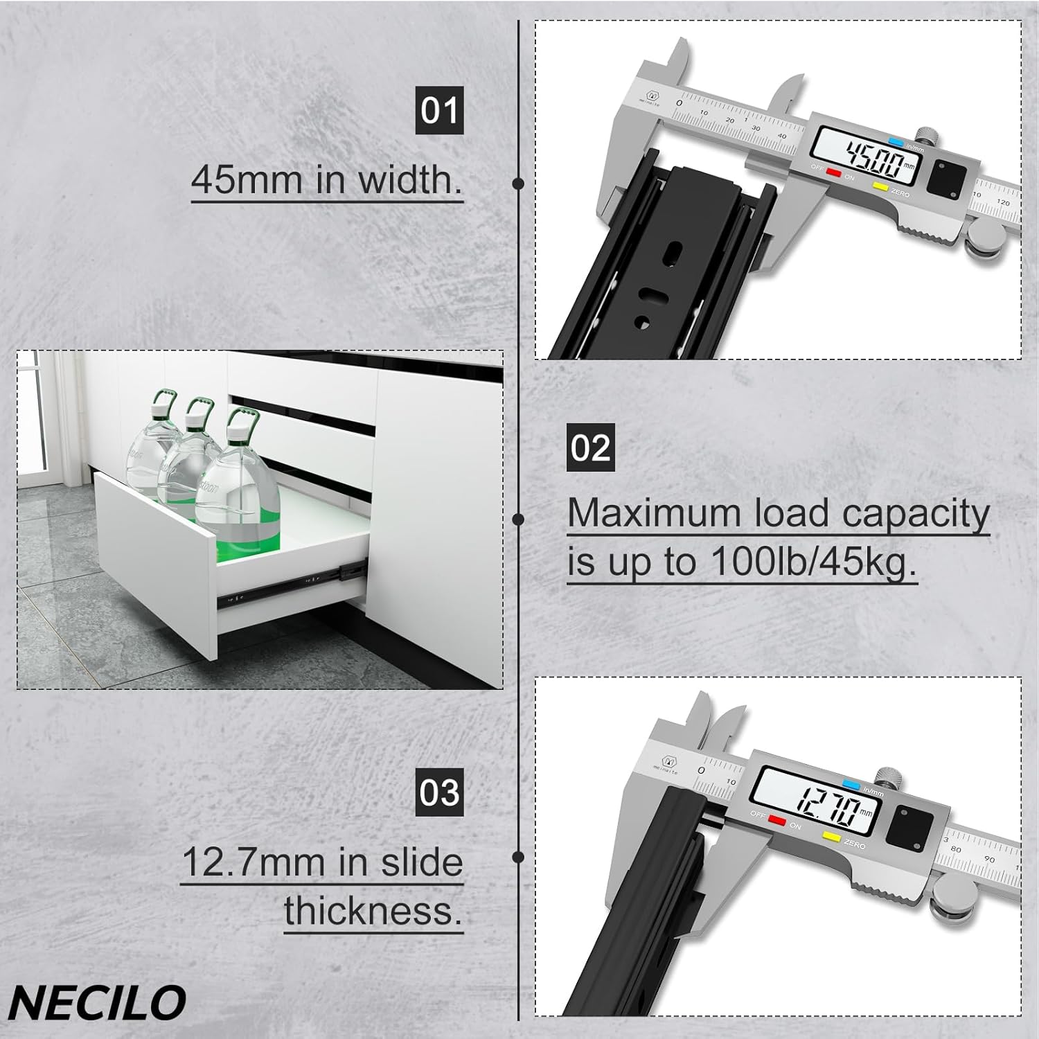 NECILO 5 Pair Soft Close Drawer Slides 14 Inch 100 LB Capacity Full Extension Ball Bearing Side Mount Rails Heavy Duty Metal Runner Track File Cabinet Kitchen Dresser