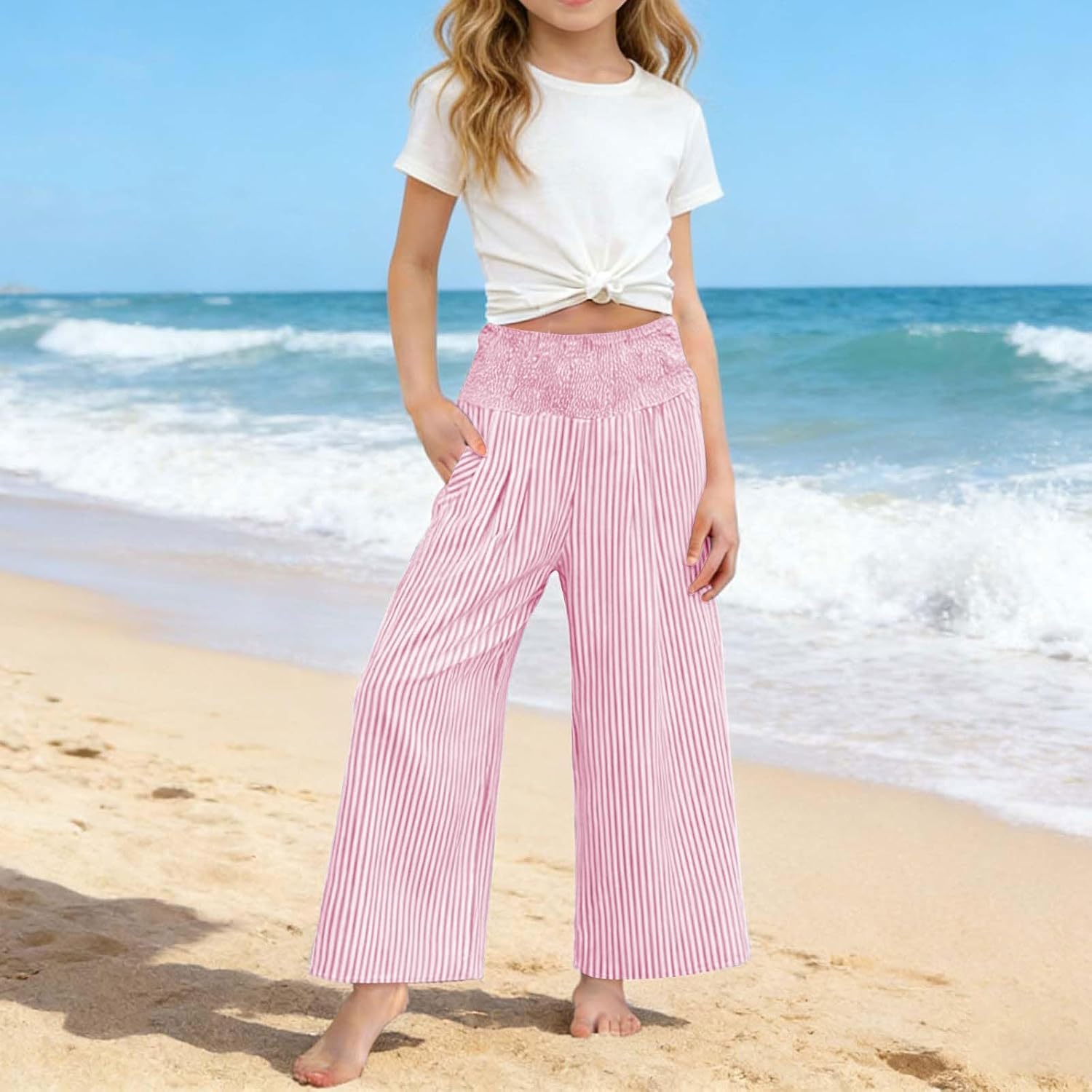 Parachute Pants for Girls Elastic Waist Wide Leg Cargo Pants with Pockets Drawstring Tapered Jogger Trousers