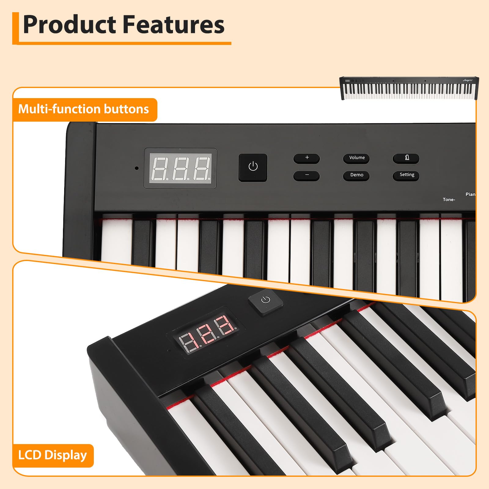 88 Key Portable Electric Semi-Weighted Keyboard Piano for Beginners and Professionals with Power Supply, Pedal, and Built-In Speakers,No Stand Included