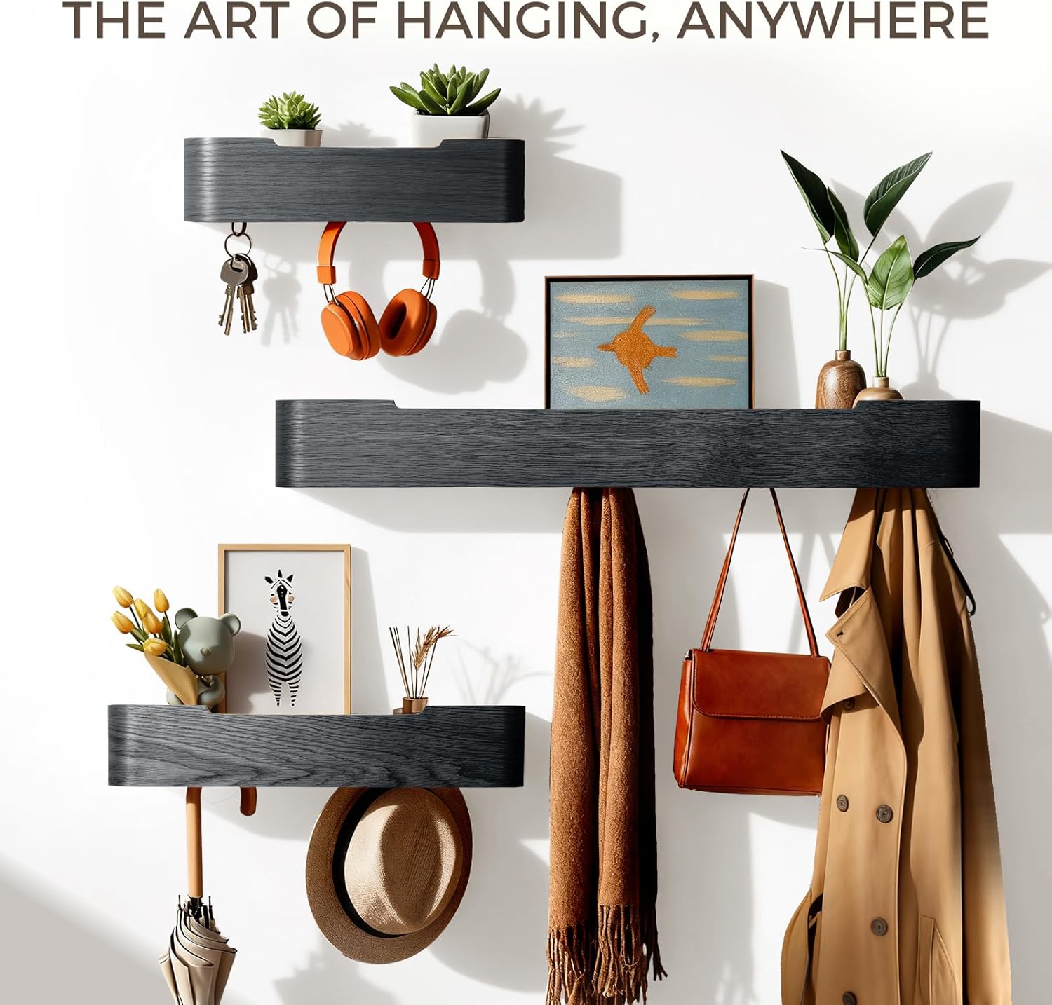 Coat Rack Wall Mount with Shelf Entryway Shelf Modern Key Holder Hanger Wall Shelves with Hidden Hooks for Hanging Towels Coats Hats Bags for Hallway Bathroom Bedroom (Black, 5 Hooks)