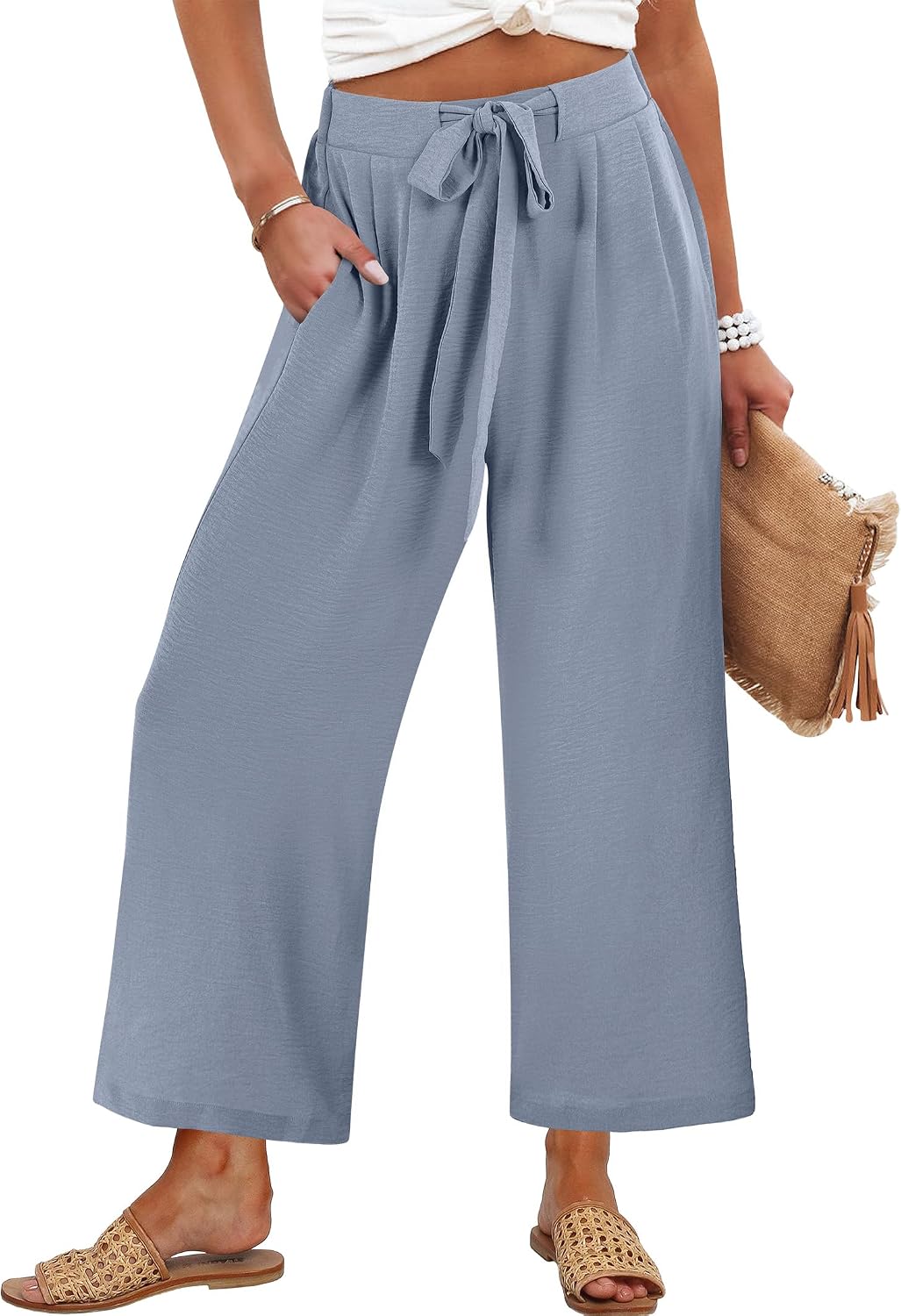 Caracilia Womens Wide Leg Palazzo Pants Cropped High Waisted 2026 Summer Casual Loose Lounge Flowy Travel Work Trousers