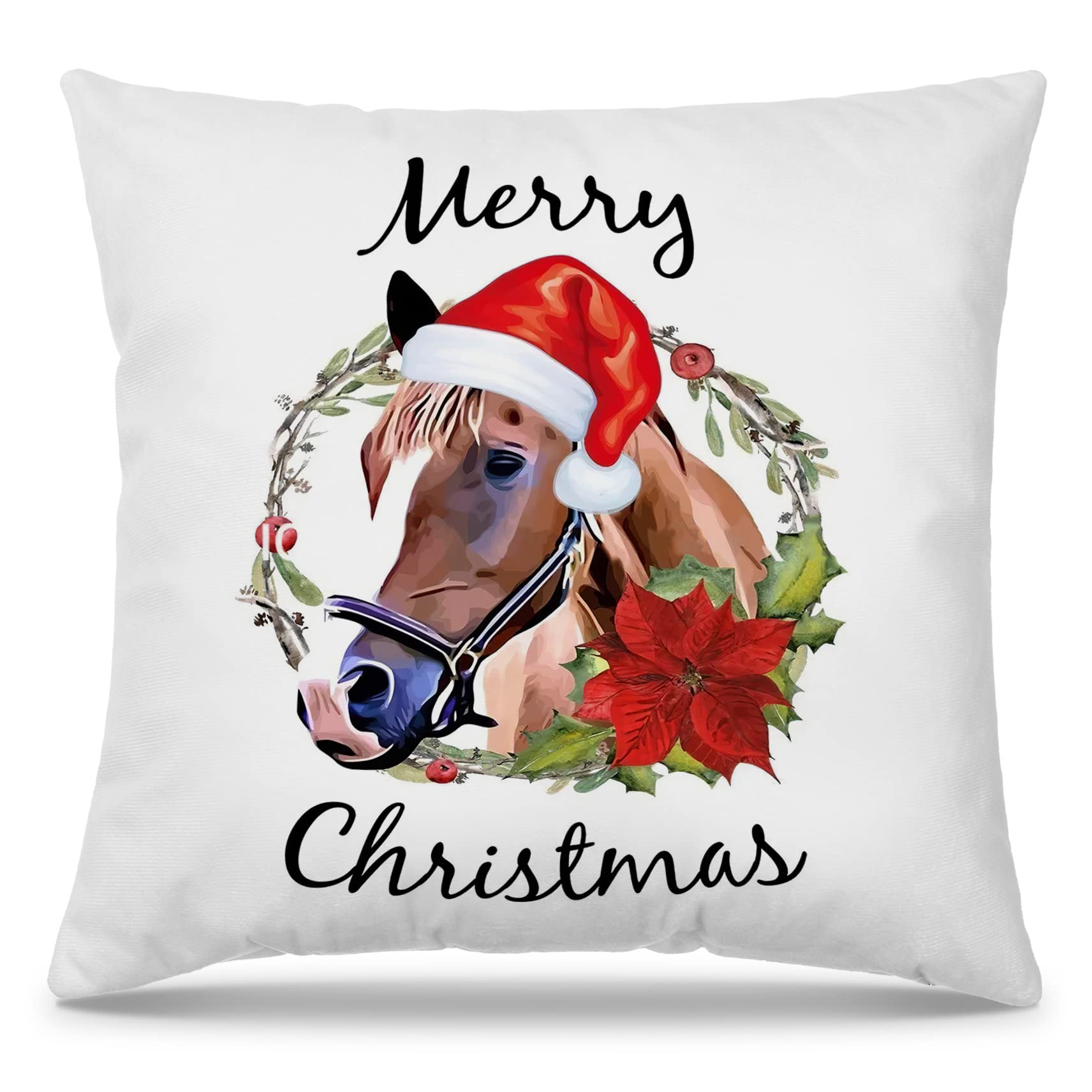 Mingnei Merry Christmas Horse Throw Pillow Covers Couch Home Cushion Cover, Funny Christmas Farm Horse Hat Sofa Living Room Bed Decorative Pillow