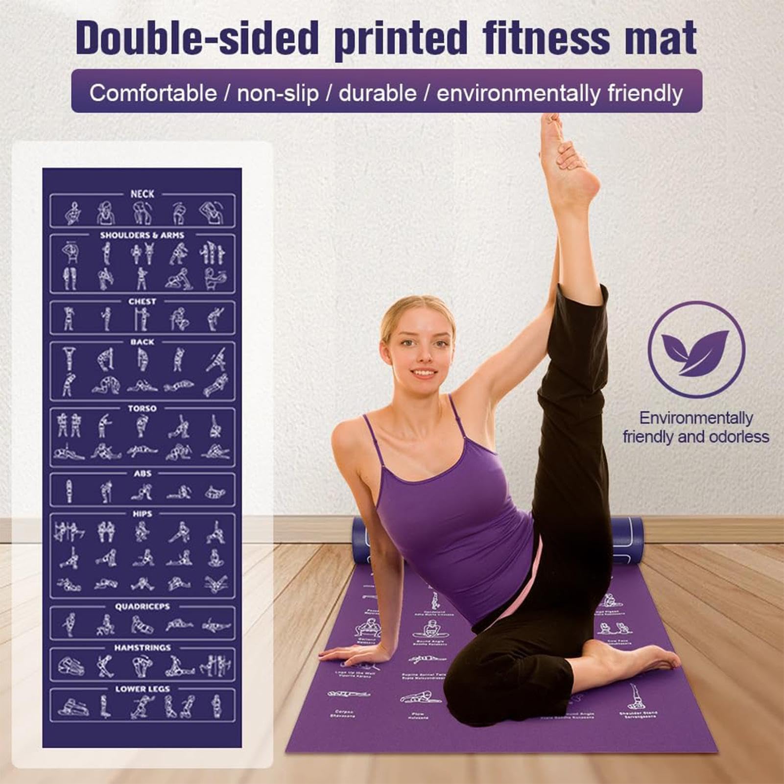 Esterilla de Yoga Con Posturas Estiramientos Doble Cara | Esterilla Ancha de Yoga Gruesa para Hogar Viaje Gimnasio Pilates Fitness Deporte Equilibrio Entrenamiento Físico