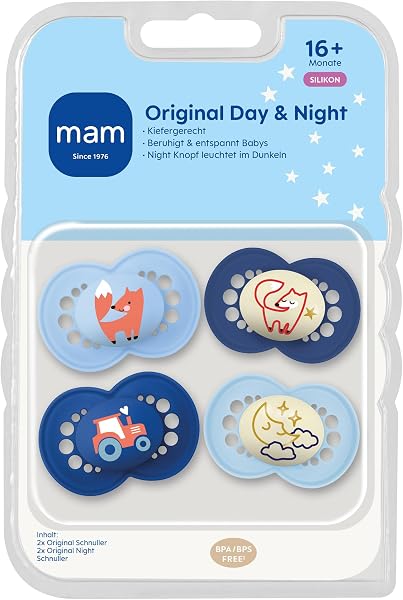 MAM Original Day & Night Matt Schnuller | 16+ Monate | 94% Akzeptanz | Babyschnuller beugt Zahnfehlstellungen vor | mit Zahnmedizinern entwickelt | SkinSoft Silikon | Fuchs/Mond | 4 Stück - 2