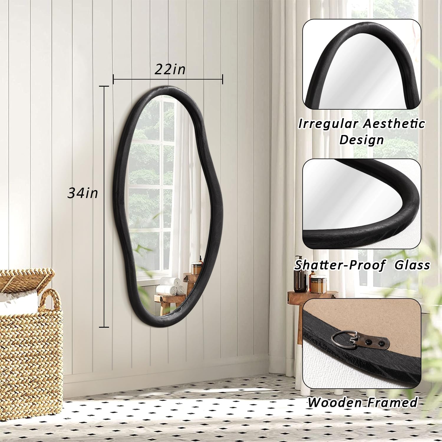 JJUUYOU Irregular Mirror Black Asymmetrical Wooden Wall Mirror 34"x22" Large Home Decorative Wall Mounted Vanity Hanging Mirrors for Bathroom Dressing Room Living Room