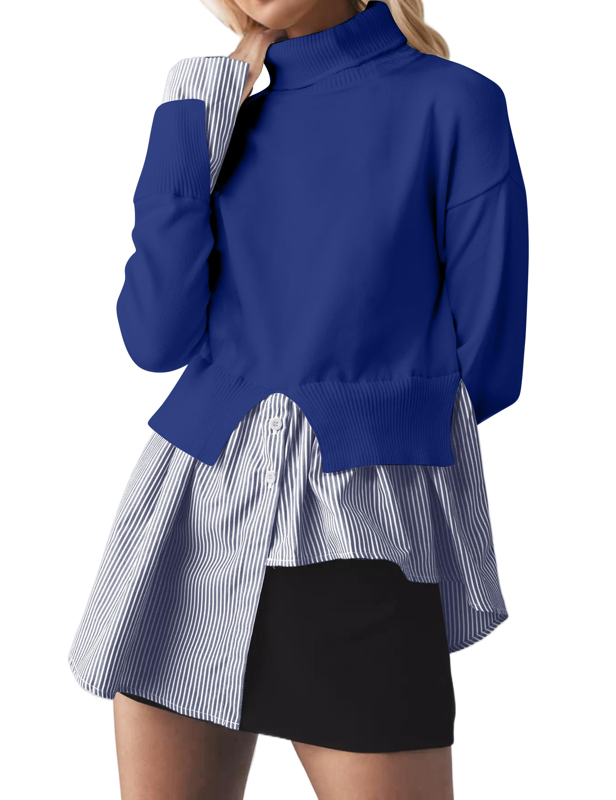 Turtleneck Asymmetrical Sweaters for Women Patchwork 2 in 1 Pullover Knit Sweater Slit Button Down Shirt 2026 Fall