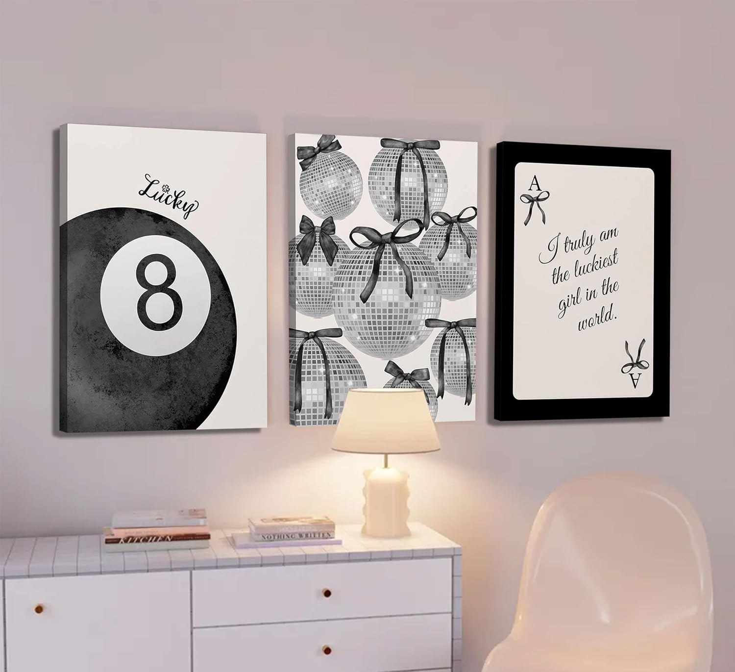 3Pcs Trendy Black and White Preppy Canvas Wall Art Lucky 8 Ball Poster Print Bow Disco Ball Painting Picture Lucky Girl Playing Cards Wall Decor for Girls Room College Apartment 16x24in Framed Canvas 24L" x 16W"