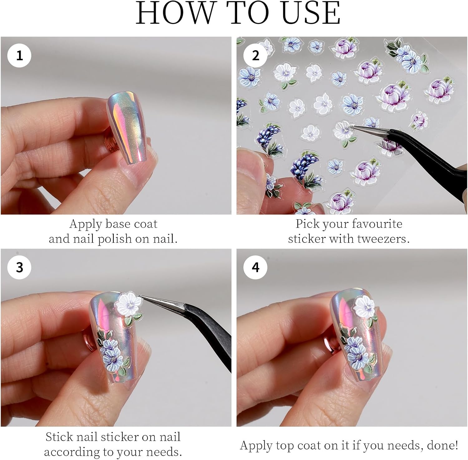 FANDAMEI Flower Nail Stickers, Nail Decals, 7 Sheets 5D Embossed Nail Stickers for Nail Art, 10 PCS Self-Adhesive Nail Art Sticker, Floral Nail Decorations for Girls, Women