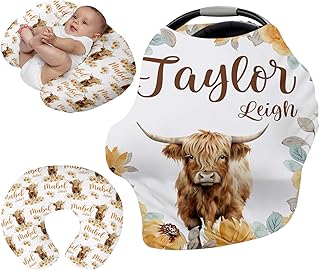 Custom Name Car Seat Canopy - Baby Car Seat Covers, Infant Stroller Cover, Carseat Canopy Christmas Birthday Gifts for Girls and Boys Yellow Highland Cow Print (27